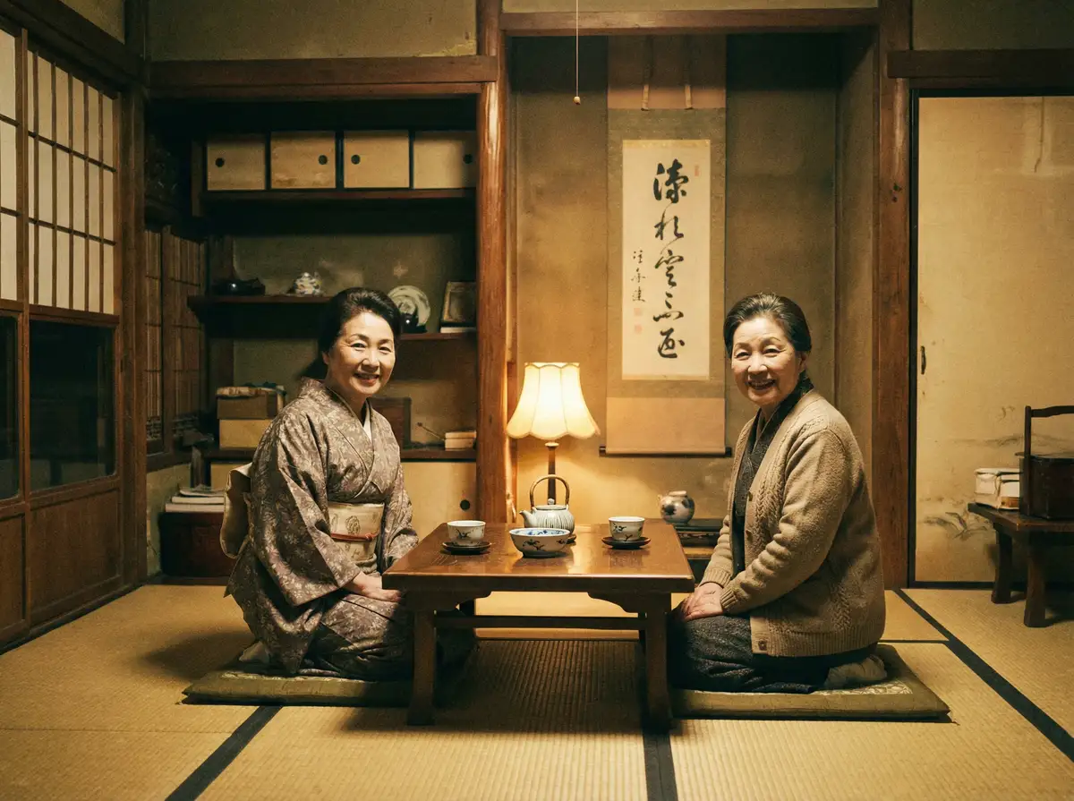 两位优雅的 少女弹珠汽水 在日式茶室中品茶交谈